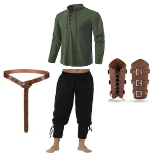 Ensemble de vêtements de cosplay pour homme sur le thème de la Renaissance pour Halloween, <span class=keywords><strong>4</strong></span> pièces, style médiéval, pantalon à bretelles, chemise et ceinture, accessoires de protection des poignets - Product Image 4