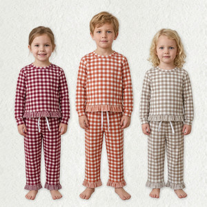 Conjuntos de 2 piezas de pantalones y blusas a cuadros de manga larga para niñas, conjuntos con dobladillo con volantes - Product Image 1