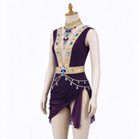 Robe de patinage sans manches pour enfants et adultes, violet foncé, avec bordure dorée et chaîne de strass au dos, pour compétition et spectacle de patinage artistique