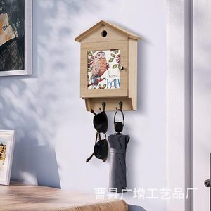 Wooden Key Rack House Shaped <b>Wall</b> <b>Mounted</b> Storage <b>Shelf</b> With Owl Design For Home Entryway Organization - Product Image 3