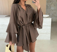 Robe élégante asymétrique pour femme, col en V, taille nouée, manches longues, coupe ample, couleur unie, mini-robe décontractée pour soirée