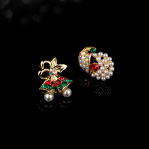 Christmas Bell Stud Earrings With Rhinestones And Pearls Party Jewelry For Women - Product Image 1