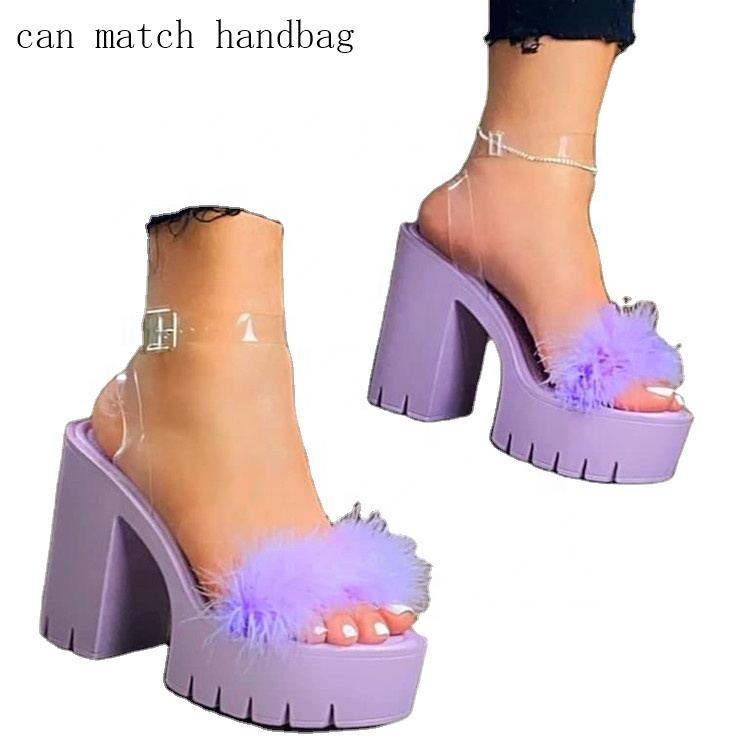 Fluffy Lavender Platform Heels Maren Marabou Feather Slip On