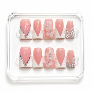 Uñas Postizas Acrílicas de Cobertura Completa en Rosa y Blanco, Diseño de Flores con Pedrería para Dedos - Product Image 2