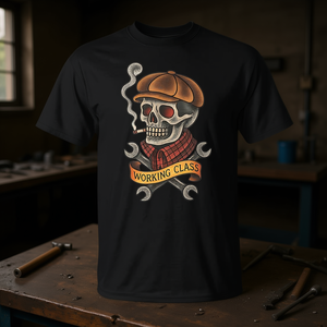 Camiseta con estampado de calavera del clase trabajadora, cuello azul, tatuaje tradicional - Product Image 3