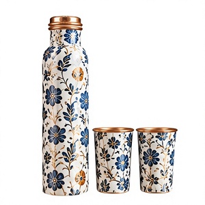 Botella de Agua de Cobre con Diseño Floral Azul Artístico, con Tapa y Juego de 2 Tazas, Vajilla Portátil de Cobre para Viaje - Product Image 1