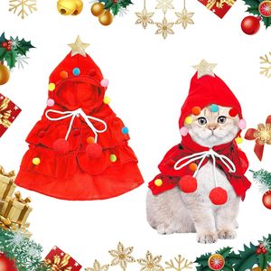 Disfraz de árbol de Navidad para mascotas, capa roja con capucha y sombrero de estrella, ajustable para perros y gatos, traje navideño de algodón - Product Image 4