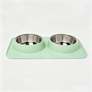 Gamelle double en acier inoxydable pour animaux domestiques, en silicone <span class=keywords><strong>de</strong></span> qualité alimentaire avec tapis <span class=keywords><strong>de</strong></span> repas et protection du cou, adaptée aux chats et aux <span class=keywords><strong>chiens</strong></span> - Product Image 1