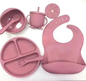 B1 BPA Free Custom Logo Kids Baby Feeding Set Silicone Suction Bowl Plate Bib Cutlery Silicone Bib Bowl Spoon Set