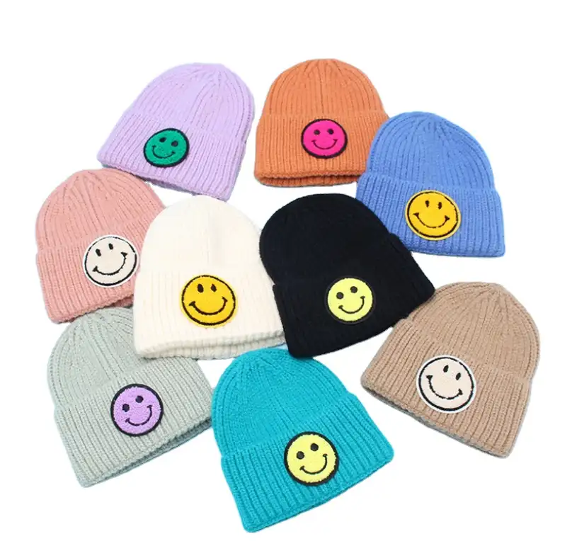 En kaliteli yeni moda çocuklar kış sıcak örme şapka şeker renk gülen yüz yün şapka bere sevimli örgü şapkalar çocuklar için
