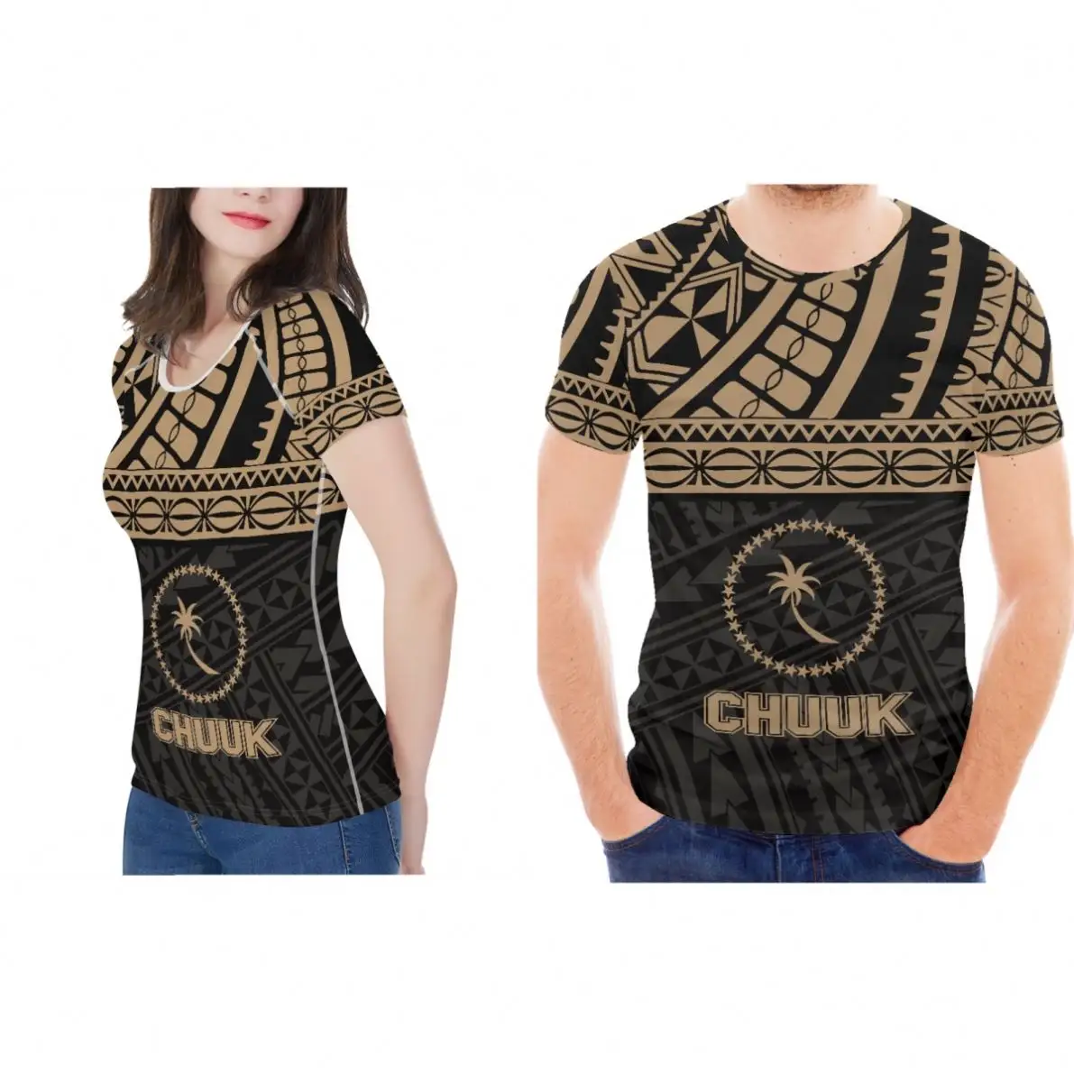 Oem Manufacture Bulk Custom Mens Tshirt Polyester Chuuk Tribal Wave Tattoo Gold Short Sleeve Couple Round Neck Casual T-Shirt