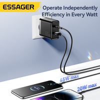 Chargeur mural rapide ESSAGER ES-CD43 PPS PD 65 Watt USB-A Type C pour téléphone portable et ordinateur portable, compatible avec iPhone 15/14/13 Samsung