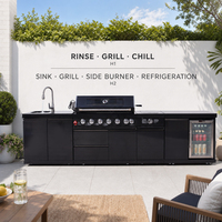 Îlot de cuisine extérieur à gaz GPL 7 brûleurs en acier inoxydable 304 avec réfrigérateur, tiroirs de rangement, évier et brûleur latéral pour barbecue familial