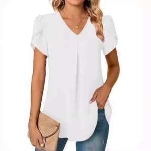Summer Regular Simple V-neck Petal-Sleeve Gym <span class=keywords><strong>Golf</strong></span> Tops T-shirts Femmes Elegant Oversized Solid Casual Chiffon Blouses Shirts - Product Image 3