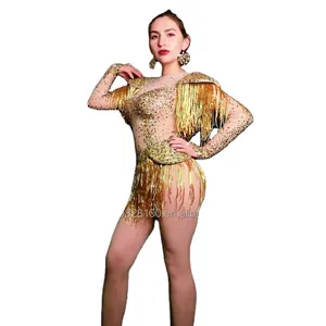 Золотистый и бриллиантовый облегающий сексуальный комбинезон с бахромой женский костюм для группового танца Костюм ГОГО