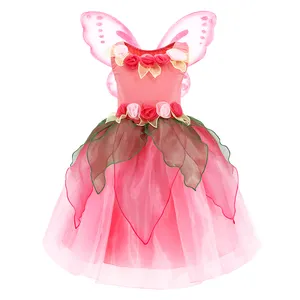 Çocuklar elbise kız yaz elbisesi sıcak pembe kelebek kanatları çiçek puf kollu dans performansı Tutu örgü prenses elbise giysileri