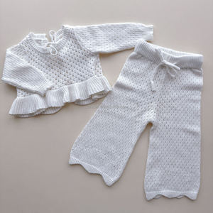 Ensemble d'été <span class=keywords><strong>pour</strong></span> fillette : Pull en maille à motif quadrillé avec lien au dos et <span class=keywords><strong>pantalon</strong></span> ample – Tenue de plage en tricot <span class=keywords><strong>pour</strong></span> tout-petits - Product Image 2