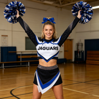 Uniforme de cheerleading avant-gardiste bleu et noir, orné de strass, avec haut court à manches longues et jupe asymétrique pour équipe de cheerleading