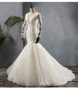 Recién llegado, vestido de novia de <span class=keywords><strong>sirena</strong></span> de manga larga con cuello redondo transparente elegante con foto <span class=keywords><strong>Real</strong></span>, vestido de novia de cola de <span class=keywords><strong>pez</strong></span> de encaje hermoso - Product Image 3