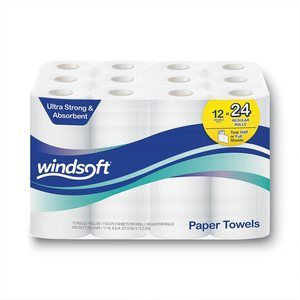Serviettes de cuisine blanches Windsoft Premium, lot de 12 rouleaux, 110 feuilles par rouleau, rouleaux doubles perforés, feuilles entières et demi-feuilles, serviettes en papier 2 plis - Product Image 3