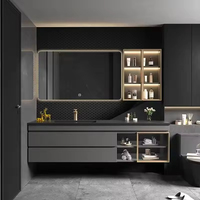 Kabinet Kamar Mandi Kayu Solid Modern Kapasitas Besar, Tutup Lembut, Ramah Lingkungan, Tahan Air, Abu-Abu Putih, Pintar, Tahan Lama, Dilengkapi Cermin LED
