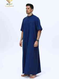 Túnica azul de algodón para hombre AL HARAMAIN, manga corta, largo hasta el suelo, cuello alto, de nuestra fábrica - Product Image 2