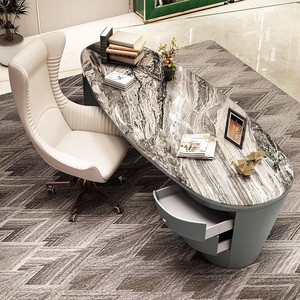 Ensemble de chaise de bureau de direction contemporaine de luxe italienne, bureau de maison moderne italien, acier inoxydable, plateau en bois et marbre, patron - Product Image 3