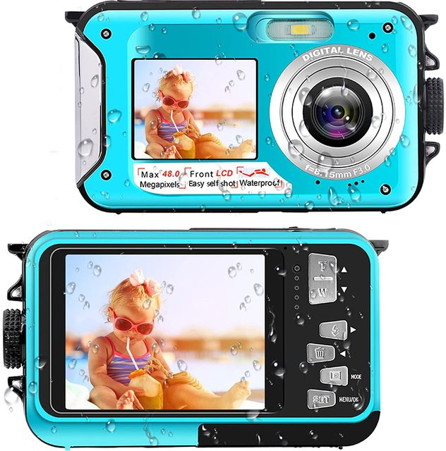 Waterproof Camera 2.7K 48MP Video Recorder Full HD Selfie Dual Screens 10FT 16X Digital Zoom Underwater Camera