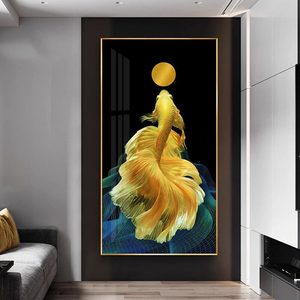 Lussuoso Dipinto Astratto <span class=keywords><strong>di</strong></span> <span class=keywords><strong>Pesci</strong></span> Dorati in Cristallo e Porcellana, Stampa HD, Arte Murale Moderna, Design Personalizzato per Decorazione Casa - Product Image 4