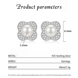 Copper Full Pave CZ <b>Four</b> <b>Leaf</b> Flower White Pearl Stud <b>Earrings</b> for Women Zircon Floral Pearl Jewelry Bridal Wedding Gift - Product Image 6
