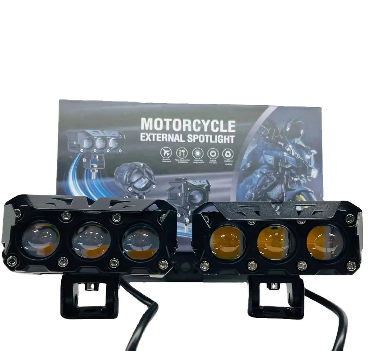 3レンズスポットライトフォグランプデュアルカラーオートバイドライビングライトはオートバイ用の補助ライトを導きました