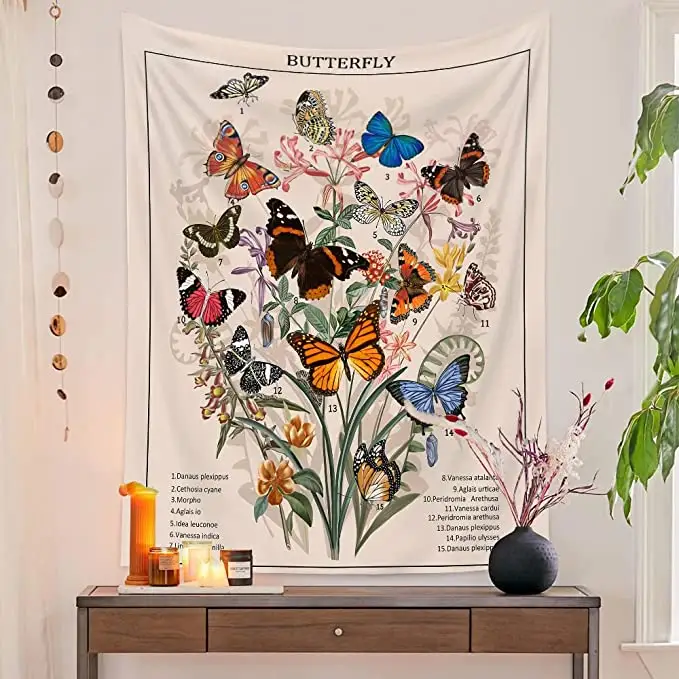150x130 Retro Floral Vintage Flower Tapestries Vertical Butterfly Art Aesthetic Wall Tapestry for Bedroom