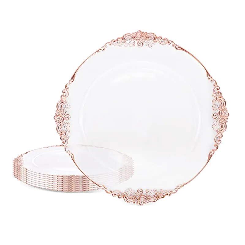 Unbreakable acrylic reef gold/rose gold rim clear charger plates plastic dinner dish plates for wedding plate