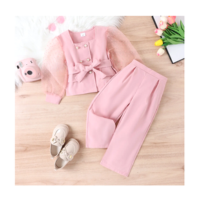 <span class=keywords><strong>2025</strong></span> Mùa Hè Phổ Biến Cô Gái 'Thiết Lập Rắn Màu Hồng Mùa Thu Ren Dài Tay Ngọc Trai Đôi Ngực Quần Phù Hợp Với Vành Đai Cô Gái Thời Trang - Product Image 1