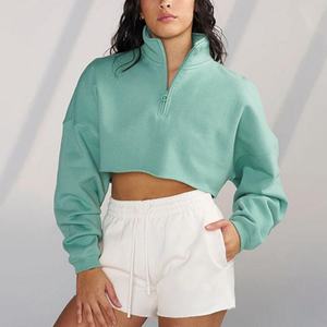 Custom Casual Women Cotton French Terry <b>Crop</b> <b>Zip</b> <b>up</b> Sweatshirt 2 Pieces Sweat Shorts and <b>Hoodie</b> Tracksuit - Product Image 2