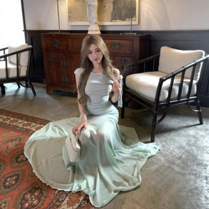 Vestido de malla verde estilo francés para mujer, largo hasta el suelo, cintura natural, asimétrico, de gasa, color liso, poliéster/algodón, para verano - Product Image 1