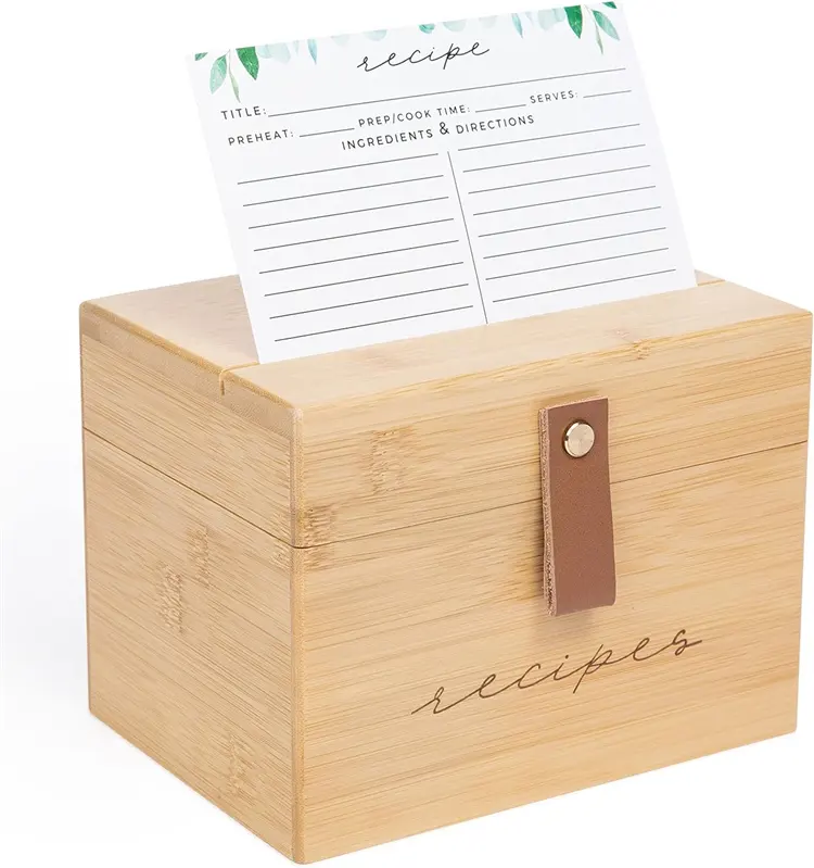 Kotak bambu grosir untuk kartu resep kotak resep kardus dengan pegangan kulit