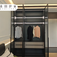 Armoire de chambre à coucher moderne en bois, toute neuve, avec portes vitrées, éclairage LED, étagères multi-niveaux, tringle de suspension - Design élégant haut de gamme