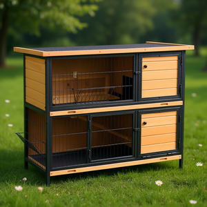 Cage à lapins en bois à 2 niveaux de 48 pouces avec plateau anti-fuite et toit en asphalte pour animaux de compagnie, jaune - Product Image 2