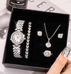 Ensemble de montres de luxe entièrement serties de cristaux, collier et boucles d'oreilles en diamants, bijoux pour femmes, cadeau - Product Image 2