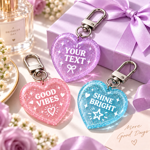 Porte-clés en acrylique en forme de cœur avec texte imprimé UV, Good Vibes Shine Bright, design personnalisable, tendance de la mode, souvenir, OEM ODM - Product Image 1
