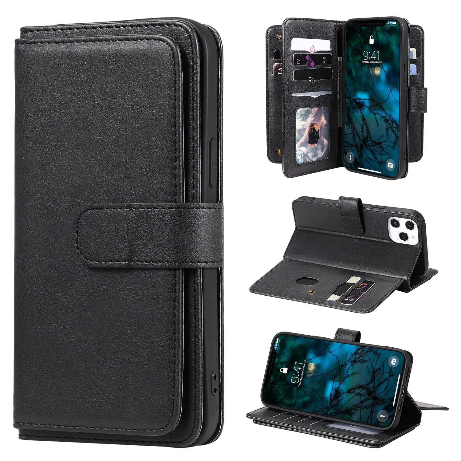 Multifunktionales Schutzhülle Kartenfach Brieftasche Telefonhülle Hülle für iPhone 15 Galaxy S24 24 plus