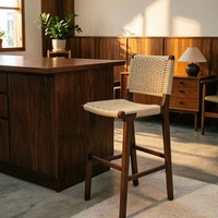 Tabouret de bar en bois de hêtre tressé à la corde, style vintage Wabi-Sabi, pour usage domestique et commercial, restaurants, comptoirs d'îlot, bureaux d'accueil