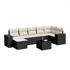 Ensemble de canapés de jardin en rotin noir avec coussins crème, mobilier d'extérieur au design contemporain, résistant à l'eau et aux UV, en matériau PE - Product Image 1