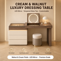 Coiffeuse moderne crème multi-niveaux avec armoire à bijoux, miroir LED, plateau en verre trempé et 6 tiroirs de rangement