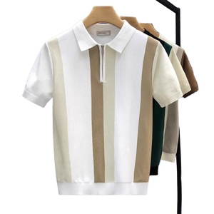 Customized Men's Slim Fit Polo Shirt Breathable Knitted Striped Short Sleeve Top Button Lapel <b>Yarn</b>-dyed Casual Top - Product Image 1