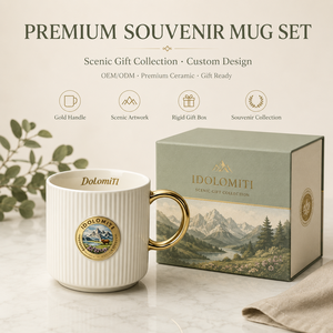Taza de café de porcelana fina con emblema de los Dolomitas alpinas italianas, asa dorada, cuerpo acanalado, a prueba de fugas, apta para lavavajillas y microondas - Product Image 1