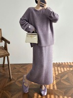 Ensemble deux pièces pull et robe col rond en cachemire 100% super doux pour femme, grande taille, décontracté, anti-plis et respirant, collection automne-hiver