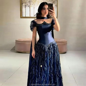 MY30201 di lusso di cristallo di perline elegante blu abito da sera con sciarpa arabica abito da sposa per sposa spazza abito da sera - Product Image 2