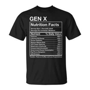 Camiseta con meme de información nutricional de Gen X, unisex para adultos, color negro - Product Image 1